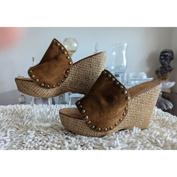 ASH Suede Studded Platform Straw Wicker Wedge Heels Sandal  Sz 38 - Picture 10 of 10